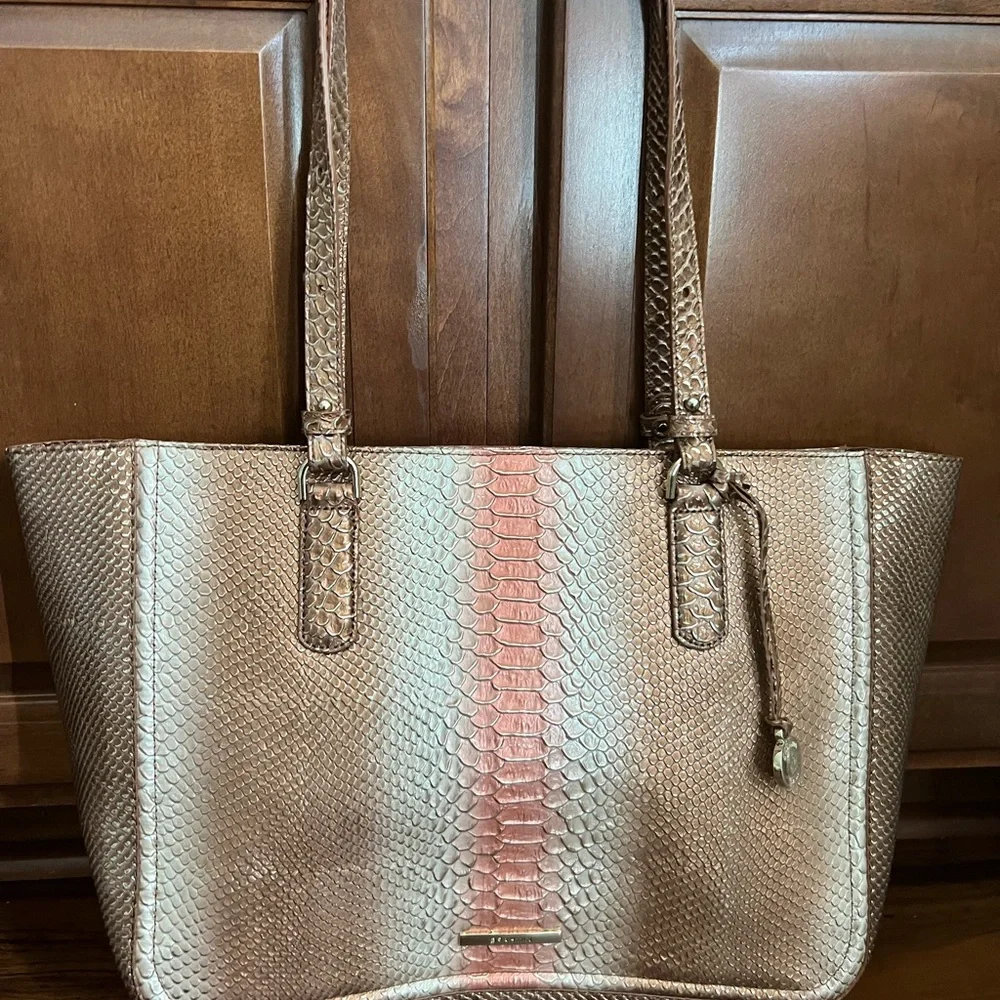Elegant Brown, gold, rust color Snake Print Tote Bag by Brahmin - Picture 1 of 3